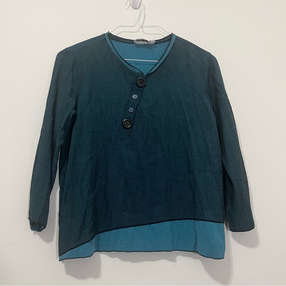 Habitat Long Sleeve Blouse Top XS Boxy Relaxed Lagenlook Button V-Neck Green